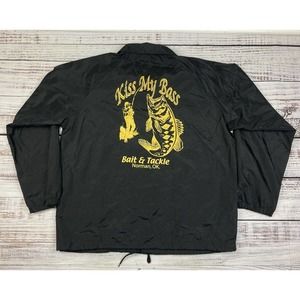 Vintage Kiss‎ My Bass Bait & Tackle Bass Fishing Jacket Black Size Large Funny